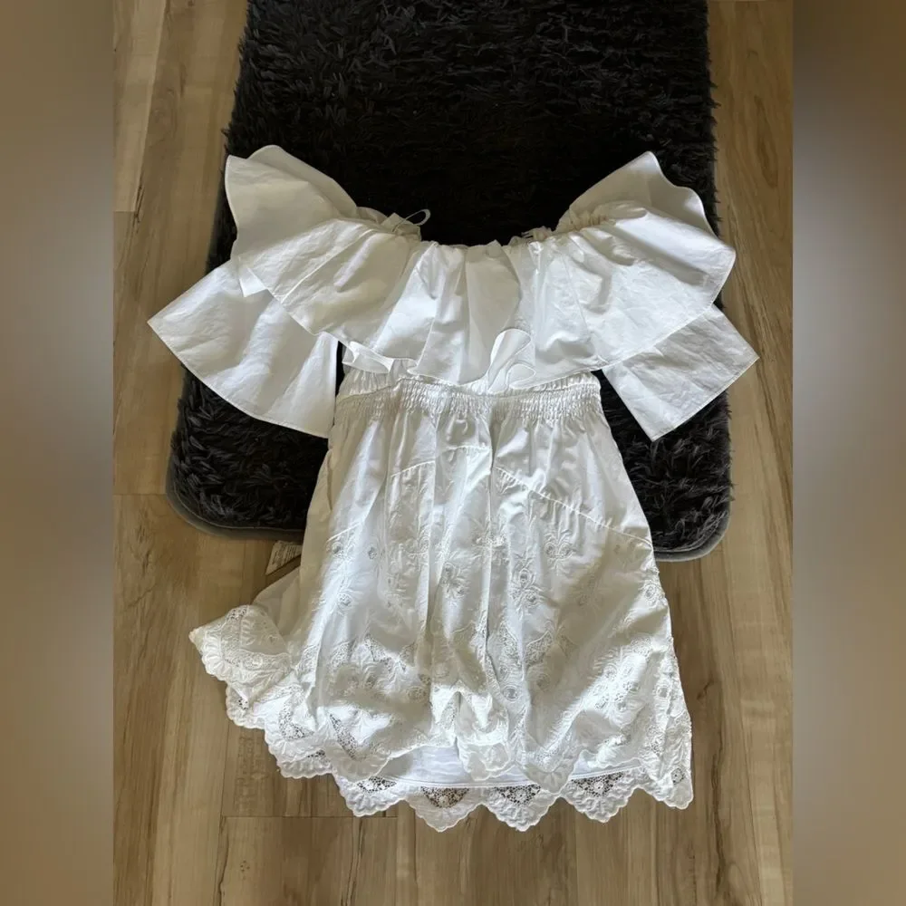 Self-Portrait Off Shoulder Cotton Broderie Tunic Dress